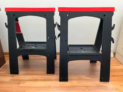 This Set of 2 Folding Plastic Sawhorses secure your sawing surface. They are collapsible for easy tr...