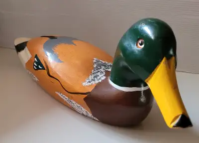 Vintage Hand Carved & Painted Wooden Large Duck Decoy with bead eyes Measurements: 14.5 inches lengt...