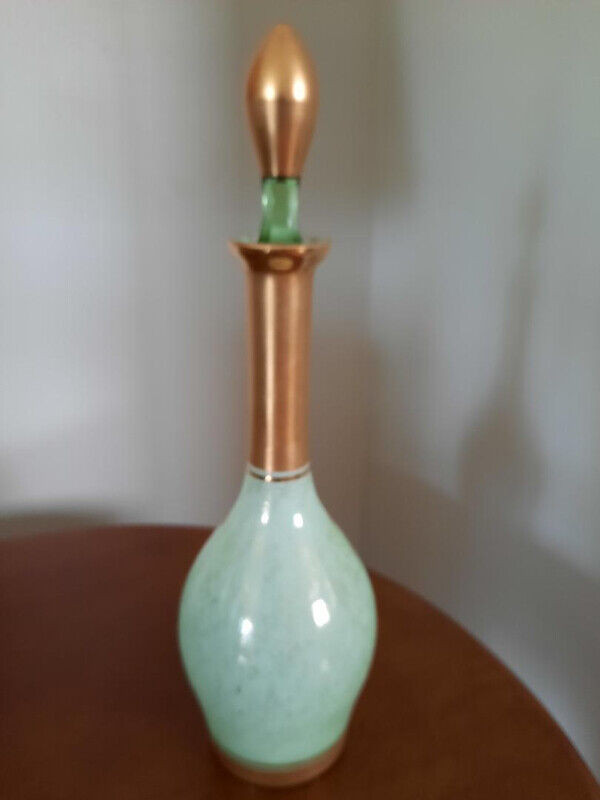 Bohemian Glass Gold /Green Hand Painted Enamel Flowers Decanter in Other in City of Toronto - Image 2