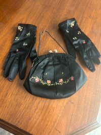 Pretty small vintage black handbag with matching gloves