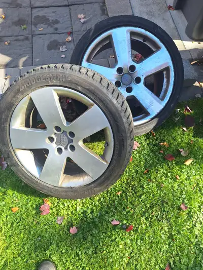 Two Audi 17" rims and tires one tire is flat and bald the other tire is like new. 40.00 215/50/R17....
