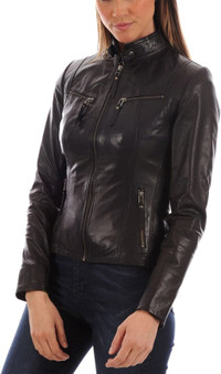 Womens Genuine Gaezy Black Lambskin Leather Jacket, Biker Jacket