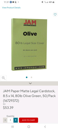 JAM Paper Matte Legal Cardstock, 8.5 x 14, Olive Green, 50/Pack