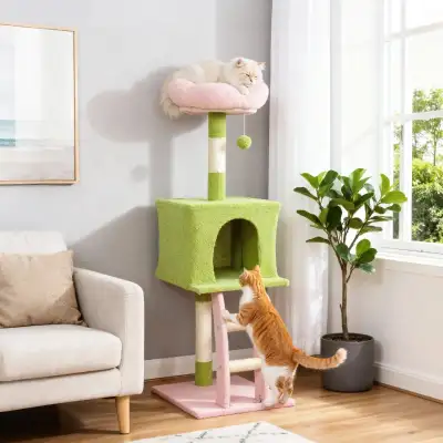 48H", Flower Cat Tree with Scratching Post, Pink/Green, View more