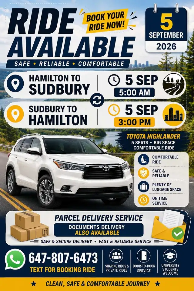 hamilton to sudbury rodeshare book advance 647-807-6473 