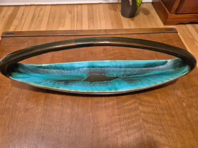 Vintage Unique Canoe / Bow pottery dish made by CCC Canada with a Blue Mountain pottery style glaze....