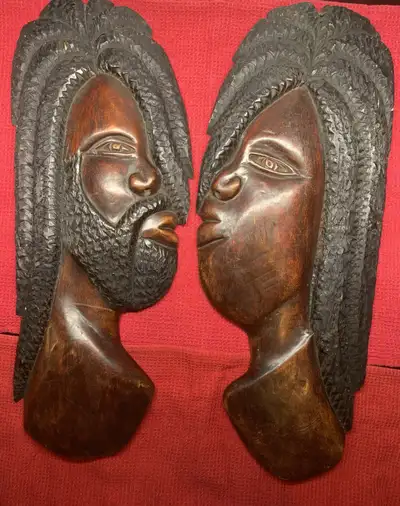 Vintage Pair -Wood Carved Face Portraits, View more