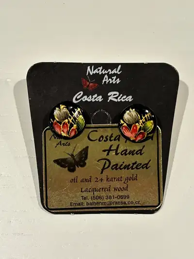 Hand painted earrings Natural arts Costa Rica Oil and 24k gold painted lacquered wood Beautiful earr...
