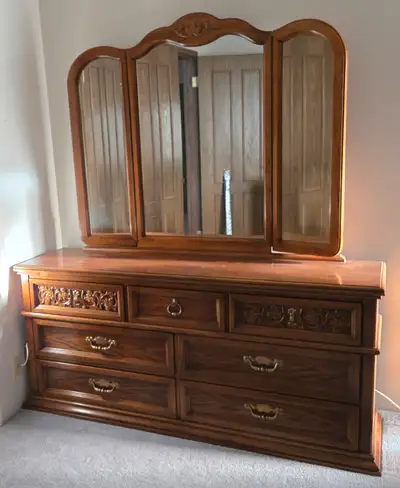Wood Queen Size Bed Frame,  Dresser With 3 Way Mirror., View more