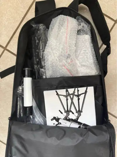 New telescope. Comes in a backpack for easy travel. Can set a phone or camera in it for pictures. Kn...