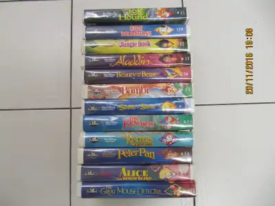 Up for sale is a vintage lot of 12 Walt Disney Black Diamond Classic VHS from the 1980s. Part of a p...