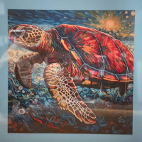 Beautiful Abract Art Printed on Canvas Matted and Framed Turtle