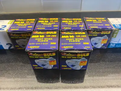 I have for sale 10. New 50 watt 12 volt x 10 lightbulbs six are MR 16 bi - pin. Satco see pics take...