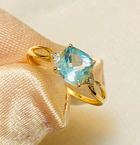 14 K Gold & Sky-Blue Topaz and Diamonds ring