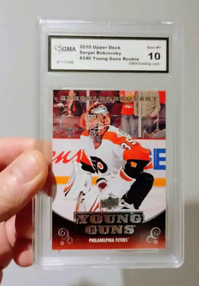 This 2010 Upper Deck Sergei Bobrovsky #240 Young Guns Rookie card is professionally slabbed by GMA a...