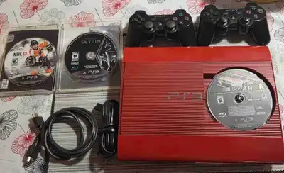 Red PS3 Super Slim + 2 Controllers + 3  Games, View more