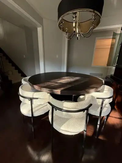 RECLAIMED WOOD DINING TABLE & WHITE BOUCLE DINING CHAIRS (8), View more