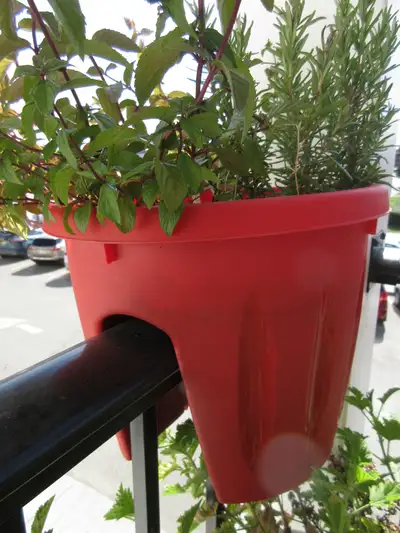 2 Large Railing-Mounted Flower Pots. Great for decks and balconies. Durable heavy duty design. $25 e...
