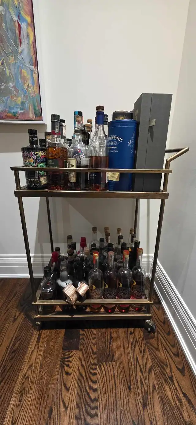 Rolling Bar Cart: Antique Gold Metal Frame w/Wood accent Shelves in Other in City of Toronto - Image 10
