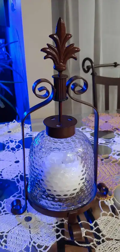 Large Round Lantern Style Candle Holder - Dark Brown Metal Stand