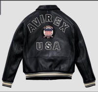 Men's Avirex Black Real Bomber American Flight Jacket Leather
