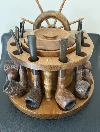 Antique 10 Tobacco Smoking Pipes with Unique Stand & jar., View more