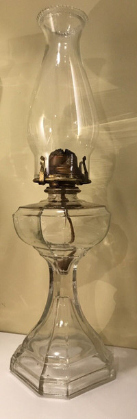 Antique,19 inch glass oil lamp with queen Mary burner.