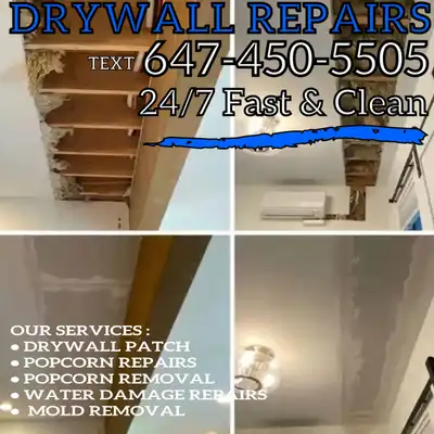 Same time Drywall Repair, Water leaks, Damaged Holes, Taping, Smooth Ceiling, Painting, Orange Peel,...