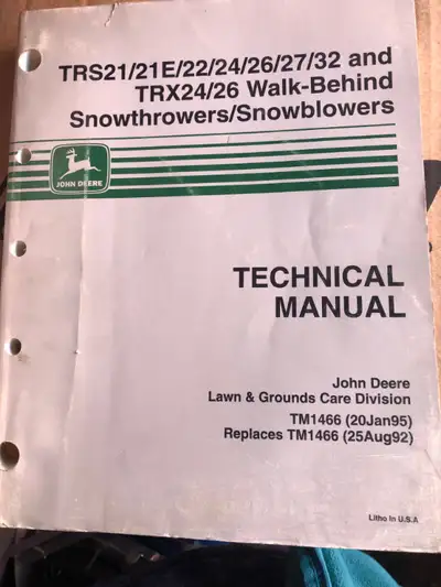 John Deere TRS21, 22, 24, TRX24, 26 Snowblower Technical Manual, View more