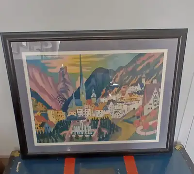 Framed vintage-style art print of Davos, Switzerland, featuring a colourful alpine townscape with mo...