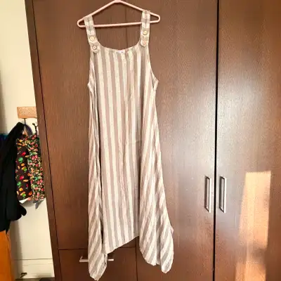 Luigi Moda Beige Striped Linen Maxi Dress-Made in Italy-L/XL, View more