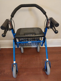 Rollator walker with seat and convenient basket.