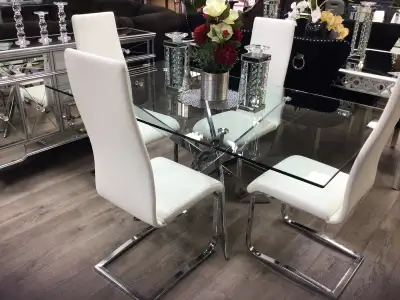 Glass Dining Table and 4 Leather Chairs , View more