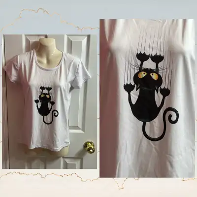 Black Cat Scratching White T-Shirt, View more
