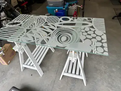 Ikea Glass Table with adjustable sawhorse legs, View more
