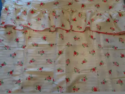 Vintage window curtains with small red roses, rare find. 2 panels 28" wide and 26" long. With a vala...