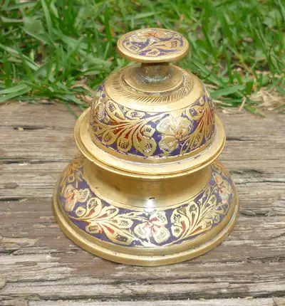 Vintage Engraved Inlay Brass Hand Bell with Stand Made in India, View more