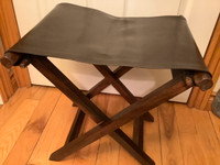 Vintage Maple Wood and Brown Leather Folding Stool