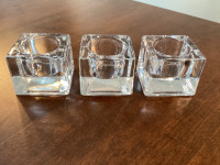3 Heavy Clear Glass "Ice Cube" Candle Holders - Orrefors Style