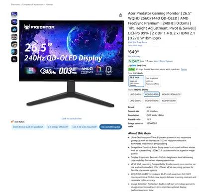 Acer Predator 27 QD-OLED 240Hz Gaming Monitor-Open Box w/Receipt, View more
