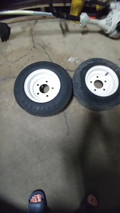 For sale, two trailer tires. Carlisle 4.80-8-5 bolt pattern, brand new never used spec on the link b...
