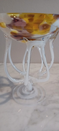 Vintage Hand-blown Krosno Art Glass Jellyfish Pedestal Bowl 8"T