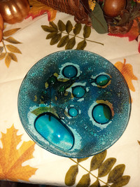 Blue Dish with 3D Bubbles, hand blown glass