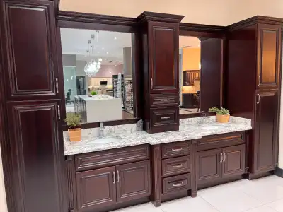 Upgrade your bathroom with our elegant, modern vanities featuring premium quartz countertops – now a...