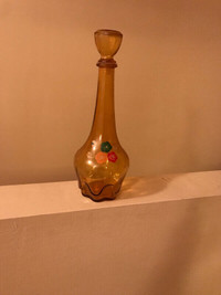 Vintage painted flowers yellow glass decanter with lid!$45obo