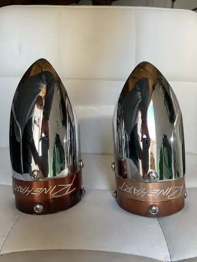 These caps are for a Rinehart Two-Into-Two exhaust system, usually on a Harley Davidson Dyna or Soft...
