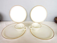 4 Fire King Milk White  Line 9” Snack Plate and 2 Cup