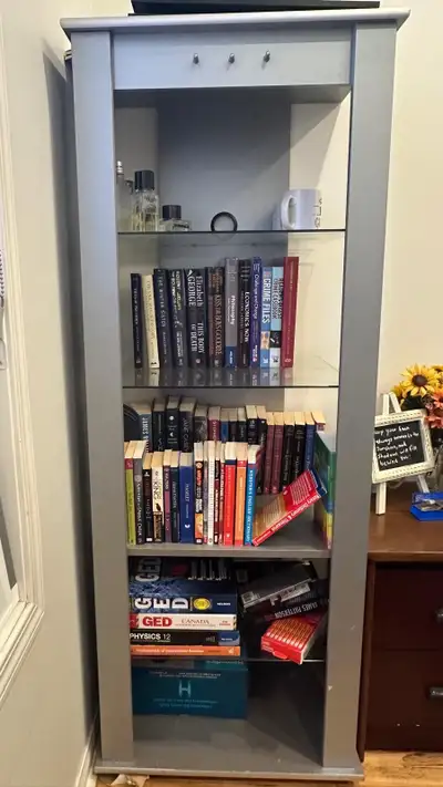 2 Grey Bookshelves with Glass Shelves, View more