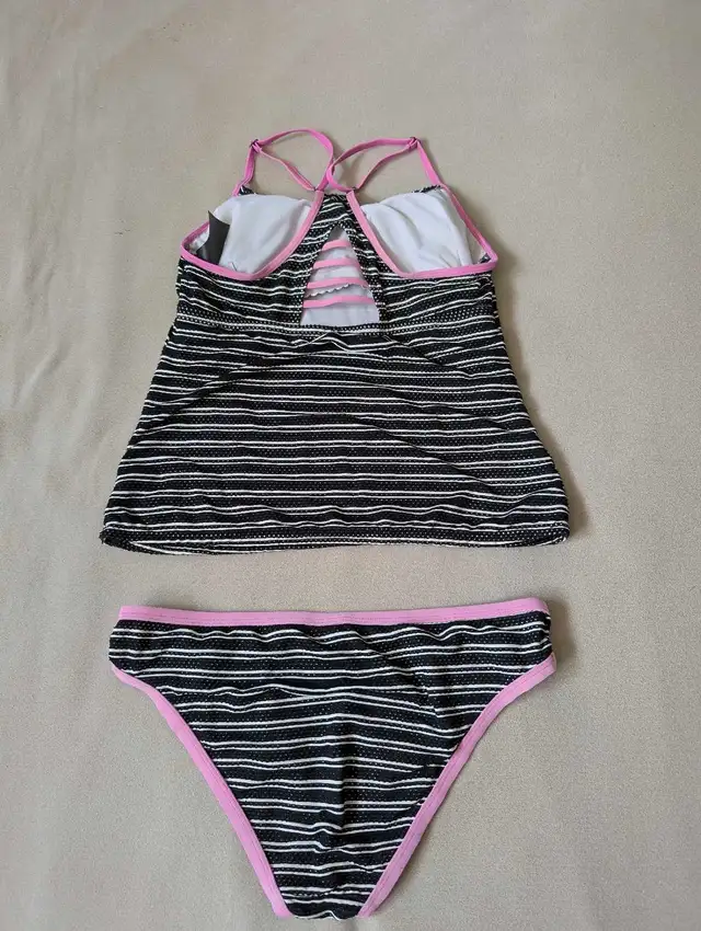 Athletic Works Ladies Size M Pink Black Striped Tankini62863280126337121