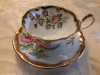 BONE CHINA WIDE CUP SAUCER - PINK TEA ROSES - QUEEN ANNE
